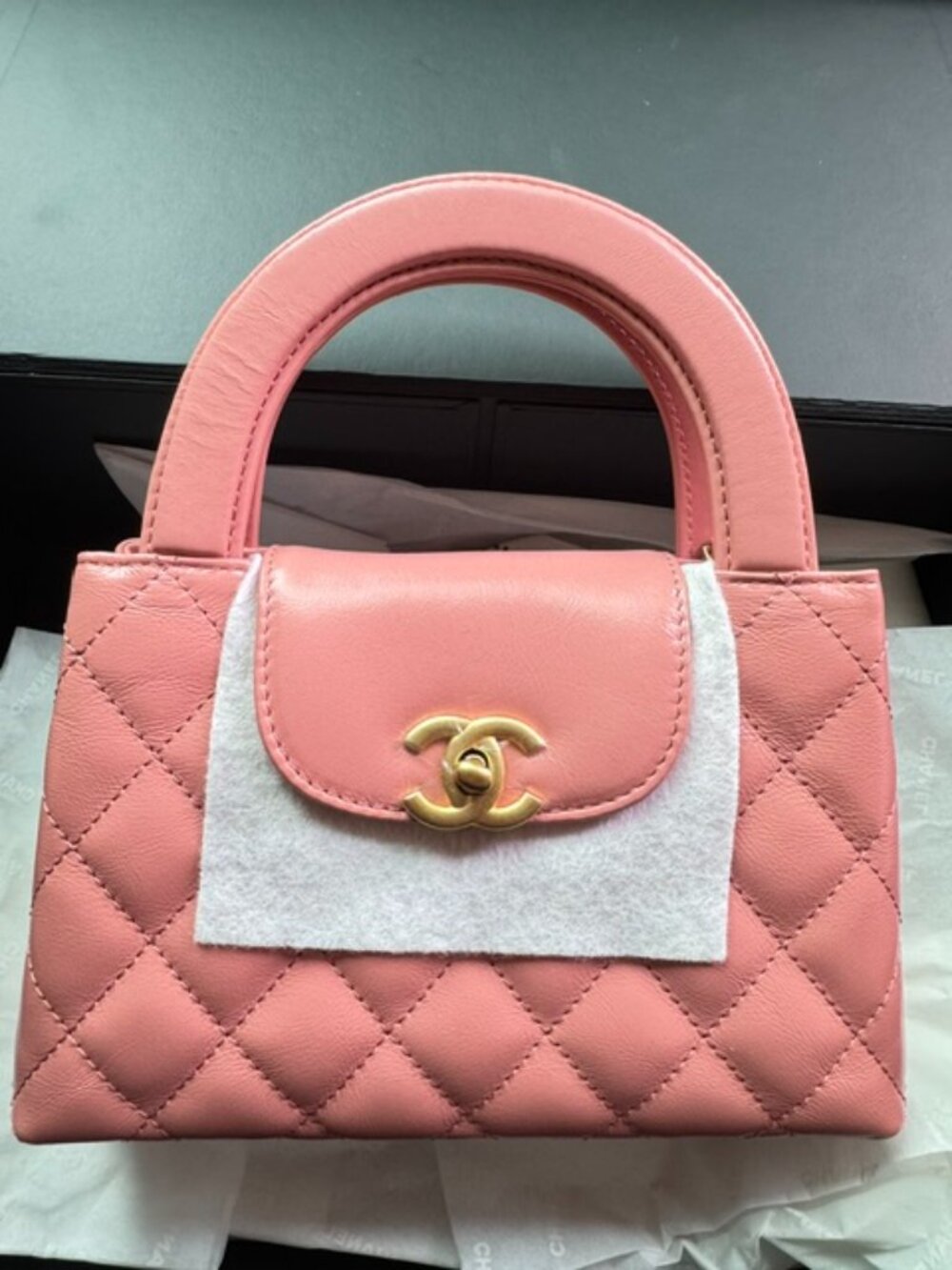 Chanel Small Kelly Shopper Coral Pink Calfskin Leather Brushed Gold Hardware NIB